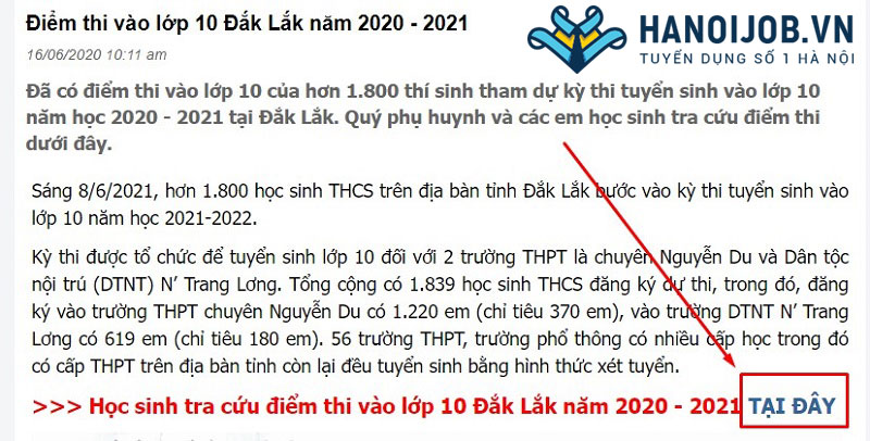 Điểm thi vào lớp 10 Đắk Lawsk 2020 -2021